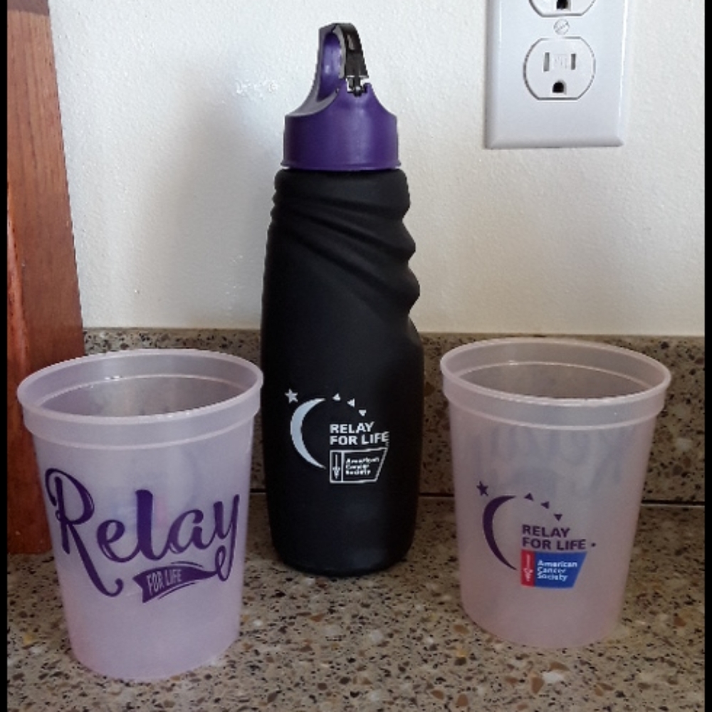Relay for Life water bottle and cups
